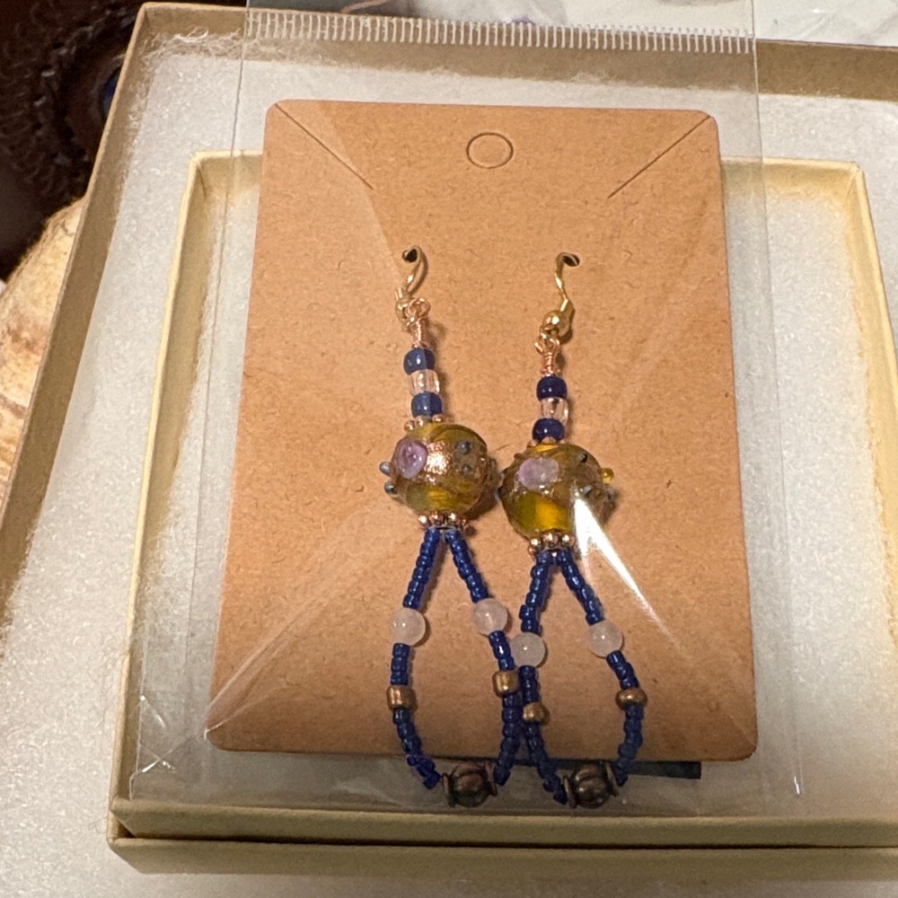 Chic Gold and Blue Beaded Earrings